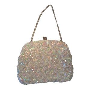 iridescent little beaded bag with gold handle